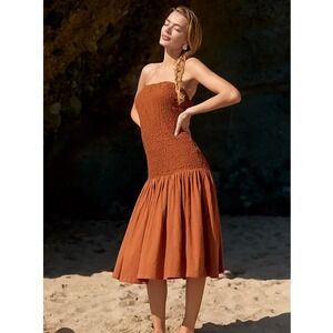 Anthropologie NWT Celandine Strapless Popcorn Midi Dress Rust Orange Size Medium
